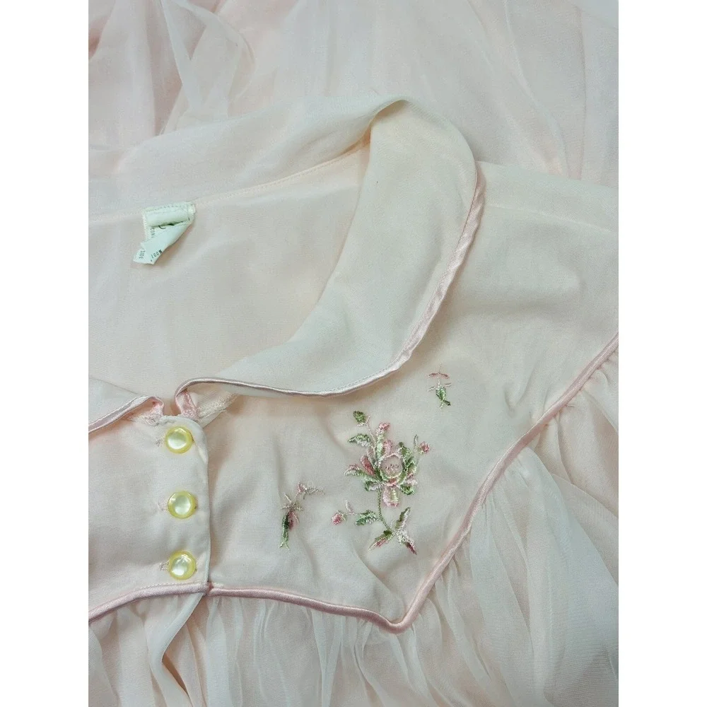 Vtg‎ 34 Godfried Pink Nylon Robe Floral Embroidery Union Made Mcm Retro Pin Up